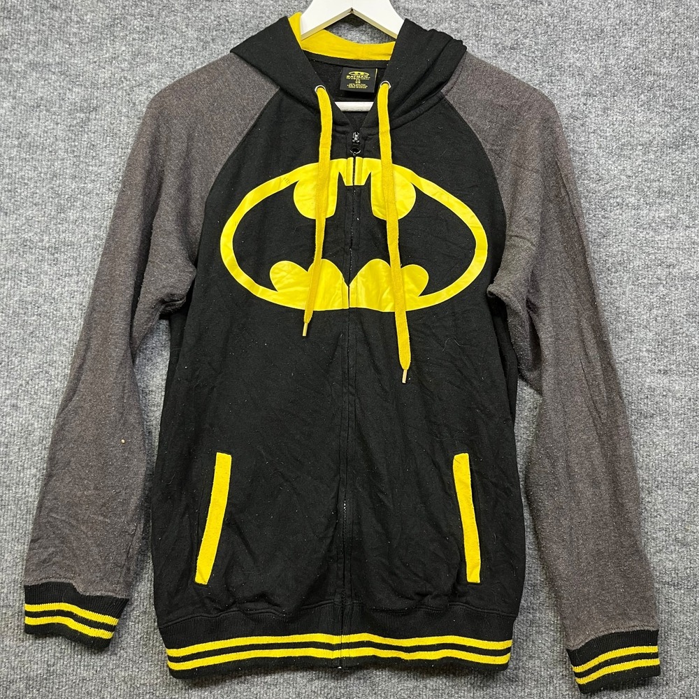 DC Comics Batman Full Zip Hoodie Men's Black Gray Raglan Sleeve Superhero - XS
